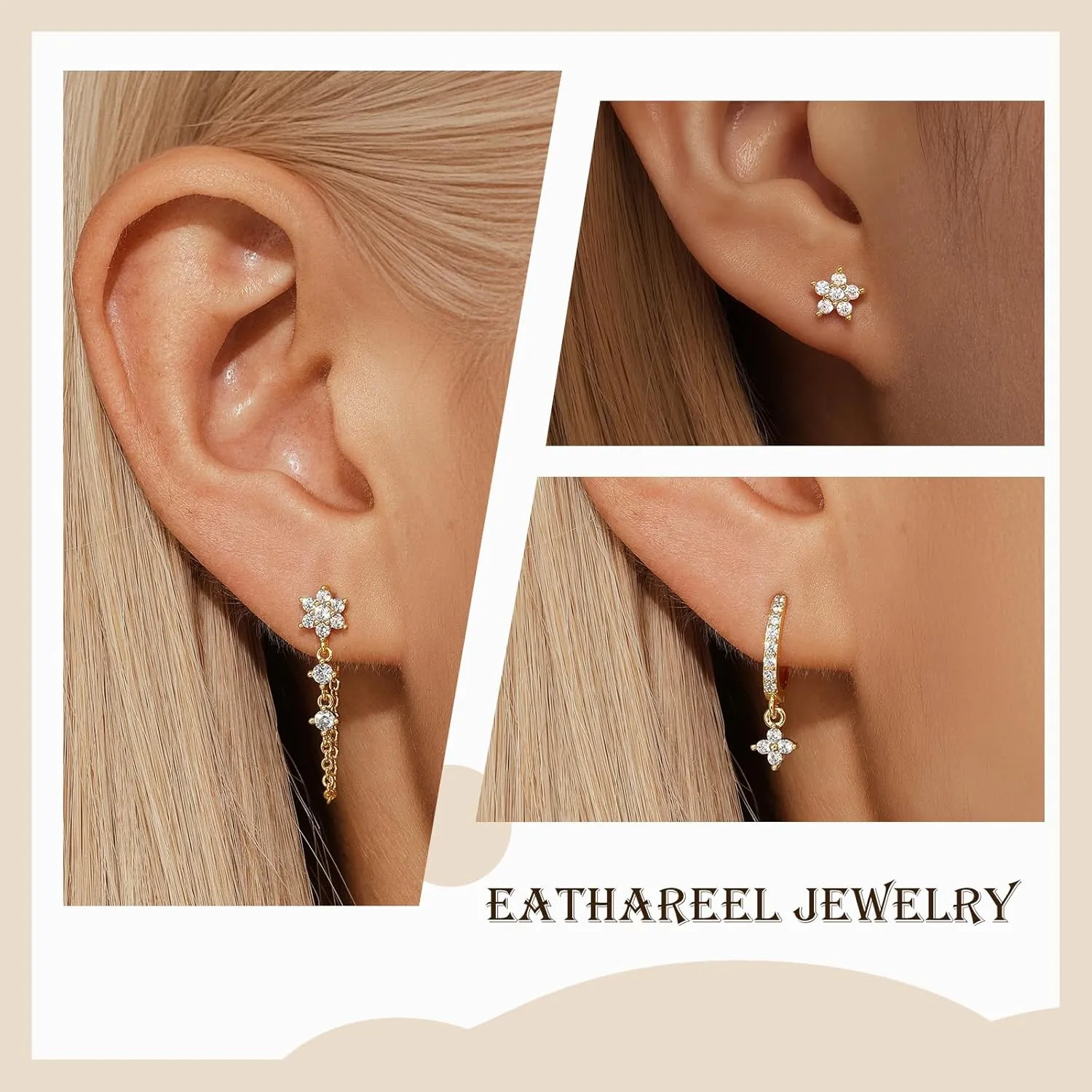 14K Gold Plated Flower Hoop Earrings for Women, Hypoallergenic CZ Stud and Dangle Hoop Earrings, Gold Earring Stacks, Dainty Jewelry Gift for Mom/Wife