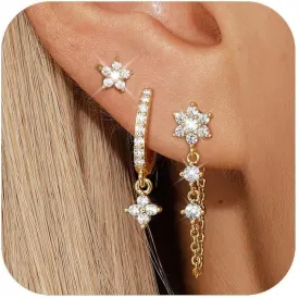 14K Gold Plated Flower Hoop Earrings for Women, Hypoallergenic CZ Stud and Dangle Hoop Earrings, Gold Earring Stacks, Dainty Jewelry Gift for Mom/Wife