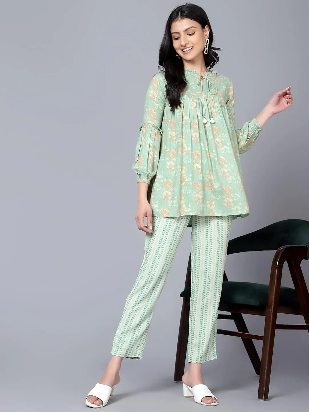 2 Piece Summer Outfits, Co-ord Set with Pant & Tunic Top with Tessel, Full Sleeves Indian Co-ord Set