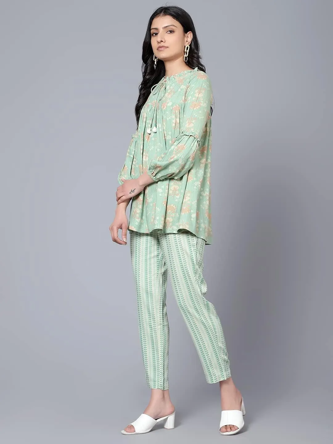 2 Piece Summer Outfits, Co-ord Set with Pant & Tunic Top with Tessel, Full Sleeves Indian Co-ord Set