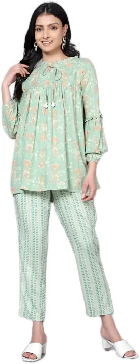 2 Piece Summer Outfits, Co-ord Set with Pant & Tunic Top with Tessel, Full Sleeves Indian Co-ord Set