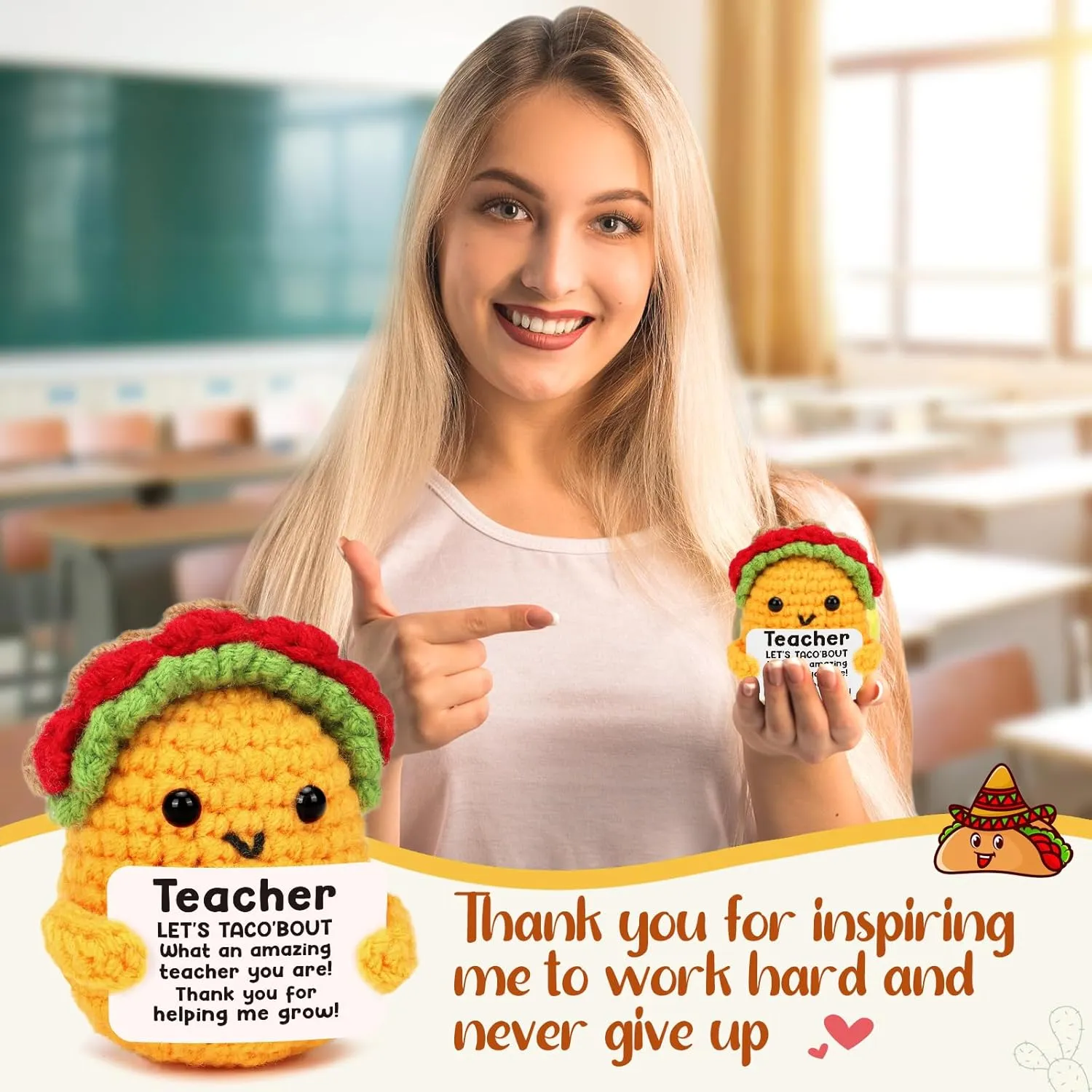 Appreciation Gifts for Teacher Women, Funny Teachers Week Day Gifts Thank You Teacher Birthday Easter Christmas Graduation Leaving Farewell Last Day of School Valentines Small Handmade Crochet Taco