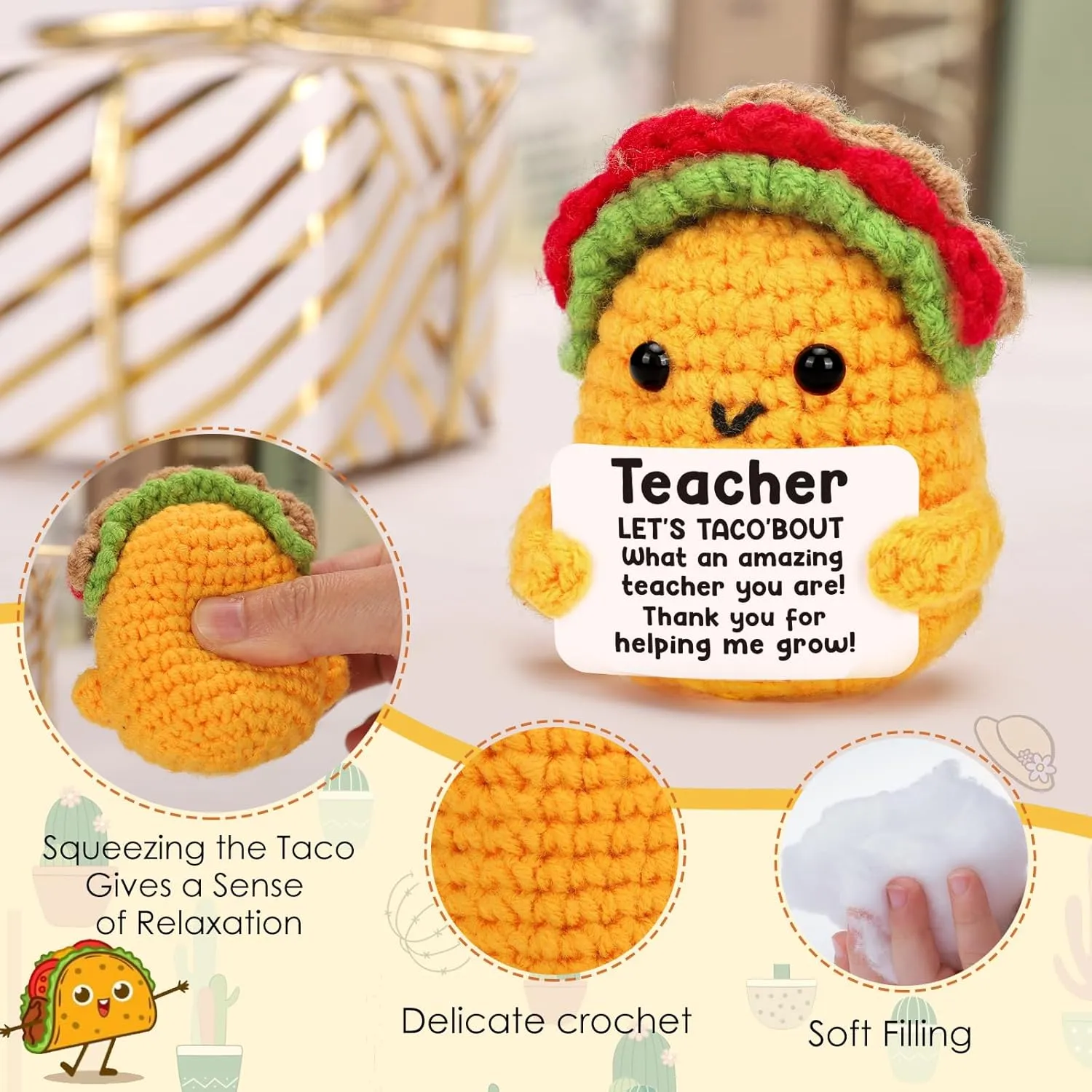 Appreciation Gifts for Teacher Women, Funny Teachers Week Day Gifts Thank You Teacher Birthday Easter Christmas Graduation Leaving Farewell Last Day of School Valentines Small Handmade Crochet Taco