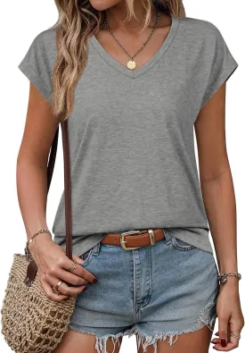 ATHMILE Womens Summer Tops V Neck Cap Sleeve Tshirts Casual Cute T Shirts Fashion Clothes Vintage Basics Tee