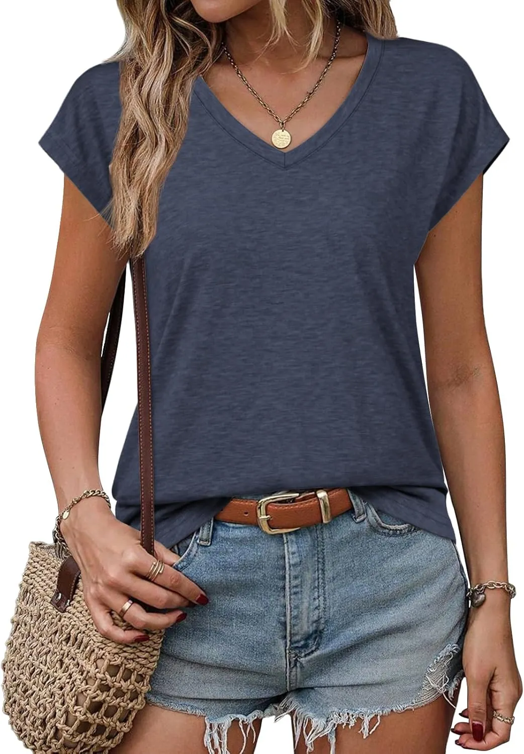 ATHMILE Womens Summer Tops V Neck Cap Sleeve Tshirts Casual Cute T Shirts Fashion Clothes Vintage Basics Tee
