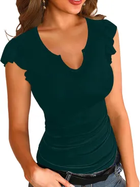 Basicspace Womens Summer Shirt Short Ruffle Sleeve V Notch Neck Ribbed Casual Tshirt Slim Fitted Tops Blouses