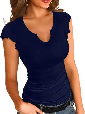 Basicspace Womens Summer Shirt Short Ruffle Sleeve V Notch Neck Ribbed Casual Tshirt Slim Fitted Tops Blouses