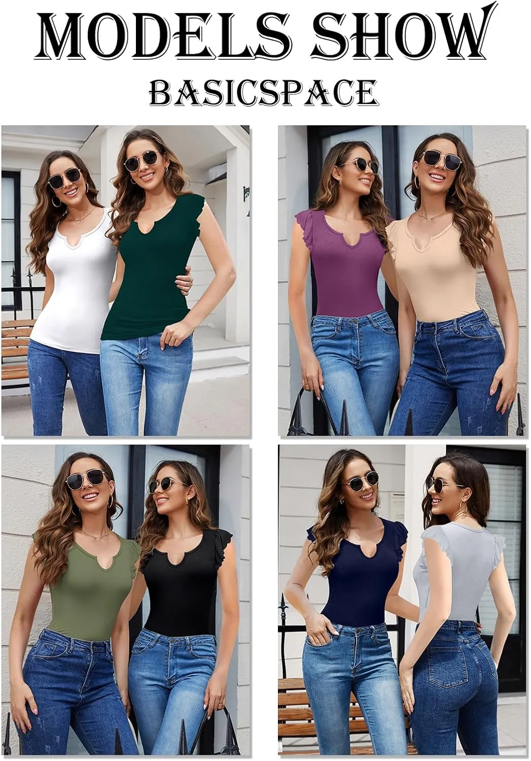 Basicspace Womens Summer Shirt Short Ruffle Sleeve V Notch Neck Ribbed Casual Tshirt Slim Fitted Tops Blouses