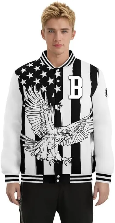 Custom Varsity Jacket  Bold American Eagle Bomber with Team Name, Logo, and Number  Patriotic Baseball Jacket