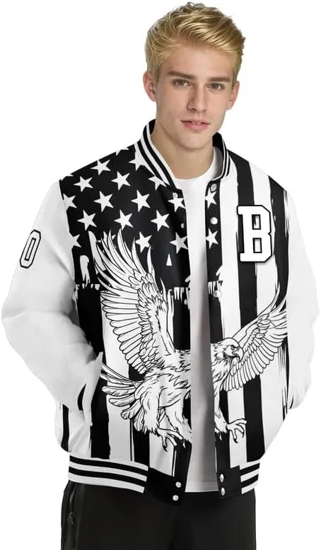 Custom Varsity Jacket  Bold American Eagle Bomber with Team Name, Logo, and Number  Patriotic Baseball Jacket
