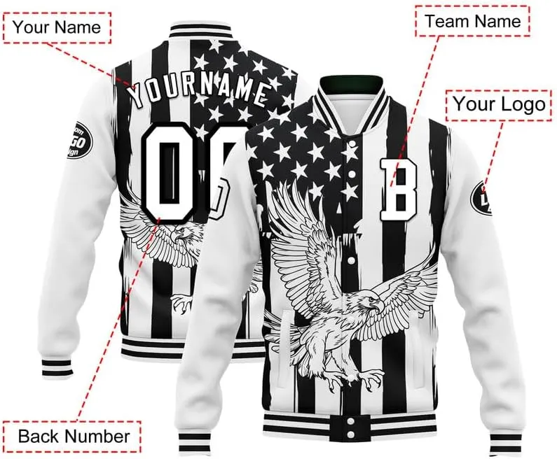 Custom Varsity Jacket  Bold American Eagle Bomber with Team Name, Logo, and Number  Patriotic Baseball Jacket