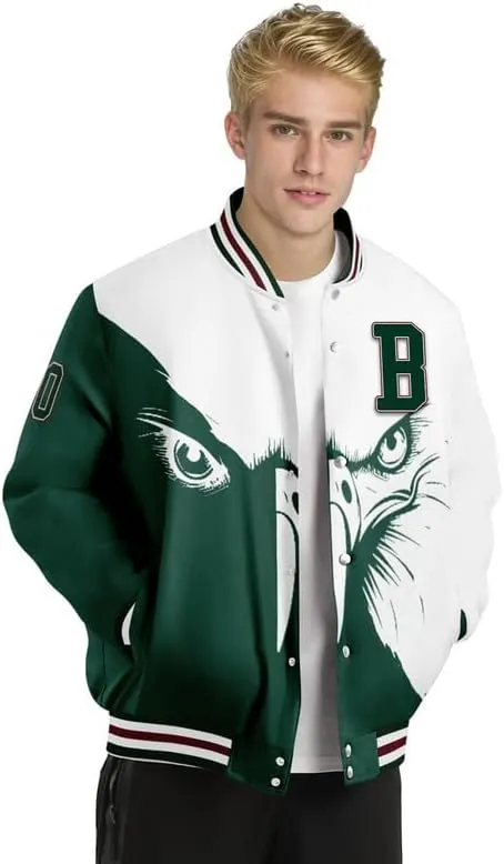 Custom Varsity Jacket  Bold American Eagle Bomber with Team Name, Logo, and Number  Patriotic Baseball Jacket