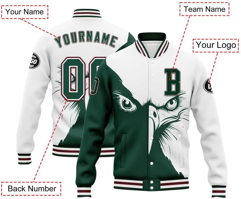 Custom Varsity Jacket  Bold American Eagle Bomber with Team Name, Logo, and Number  Patriotic Baseball Jacket