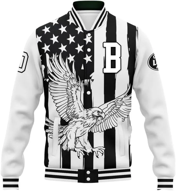 Custom Varsity Jacket  Bold American Eagle Bomber with Team Name, Logo, and Number  Patriotic Baseball Jacket