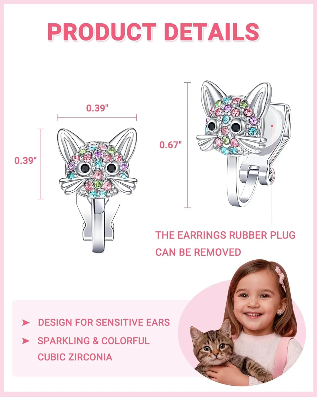 Cute Hypoallergenic Cat Clip on Earrings for Girls, Gifts For Granddaughter Daughter Birthday Valentines Graduation