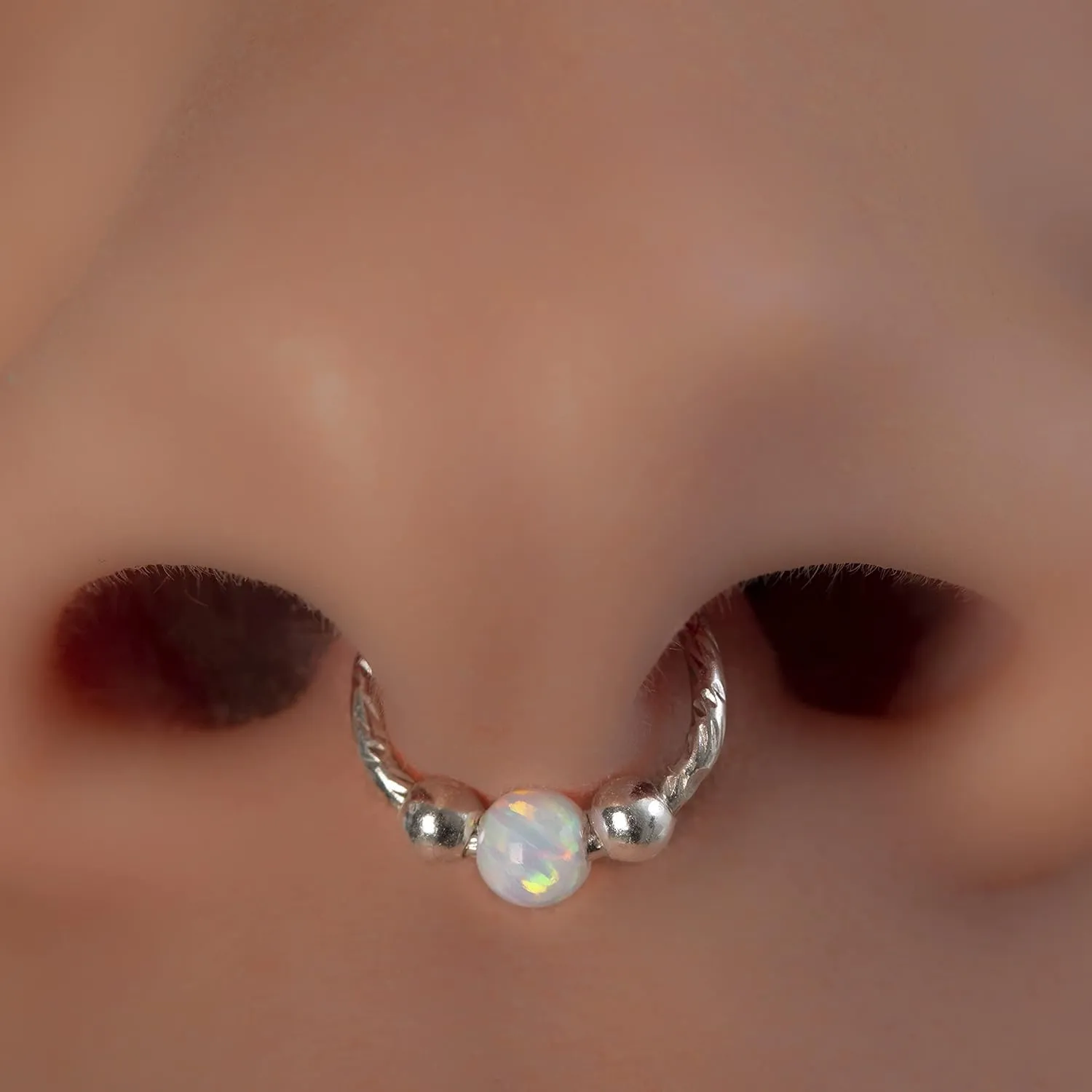 Fake Septum Ring 20 Gauge 925 Silver - Thin Flase Septum Hoop 3mm White Opal 20g Hypoallergenic - Faux Septum Hoop No Piercing Needed - Sterling Silver Septum Cuff - Handmade Clip On Septum Rings