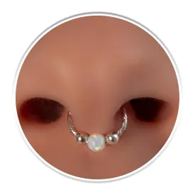 Fake Septum Ring 20 Gauge 925 Silver - Thin Flase Septum Hoop 3mm White Opal 20g Hypoallergenic - Faux Septum Hoop No Piercing Needed - Sterling Silver Septum Cuff - Handmade Clip On Septum Rings