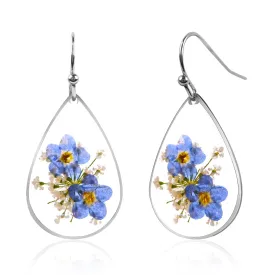 Forget Me Not Handmade Pressed Flower Earrings Sterling Silver Earrings for Women Drop Dangle Earrings Resin Dry Flower Earrings for Women Trendy