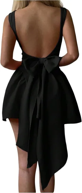 GORGLITTER Women's Bow Tie Backess Ruffle Dress Sleeveless Backless Mini Evening Dresses