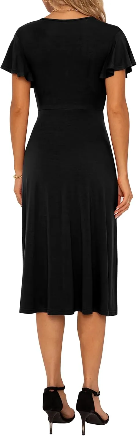 GRECERELLE Spring Summer Dress for Women Casual Ruffle Short Sleeve Wrap V-Neck Dress