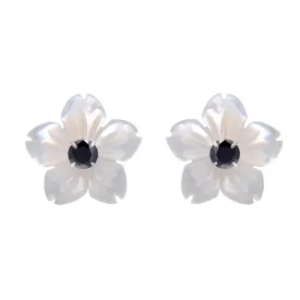 Hand Carved Flower Shell Earring Jacket with 3MM Black Cubic Zirconia Sterling Silver Studs
