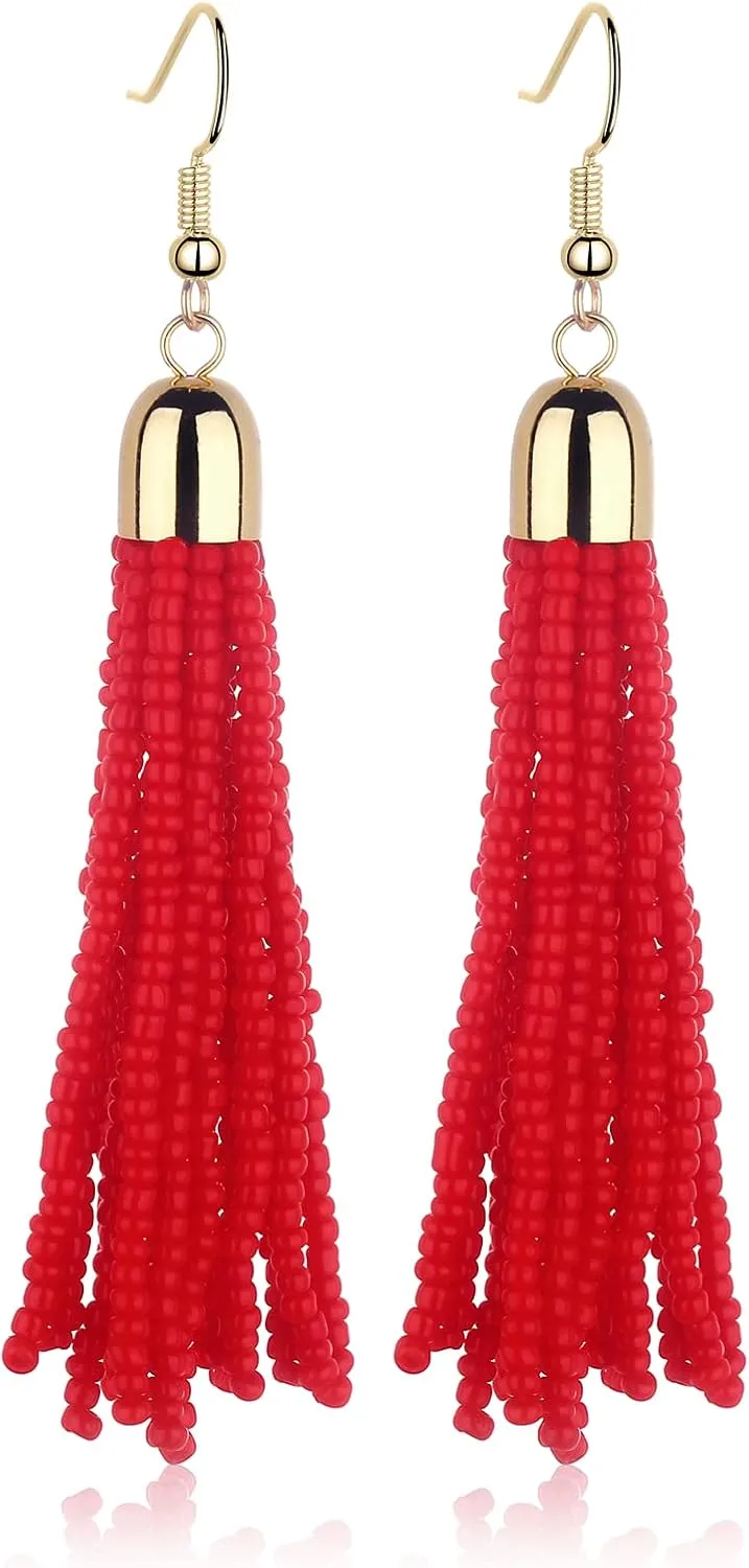 Handmade Beaded Tassel Earrings - Boho Drop Fringe Earrings for Women, Native American Indian Earrings