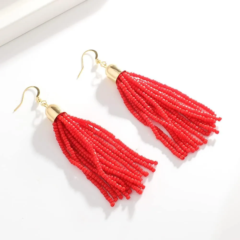 Handmade Beaded Tassel Earrings - Boho Drop Fringe Earrings for Women, Native American Indian Earrings