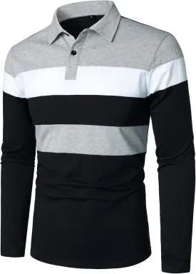 HOOD CREW Mens Long Sleeve Shirts Fashion Color Block Striped Polo Shirt