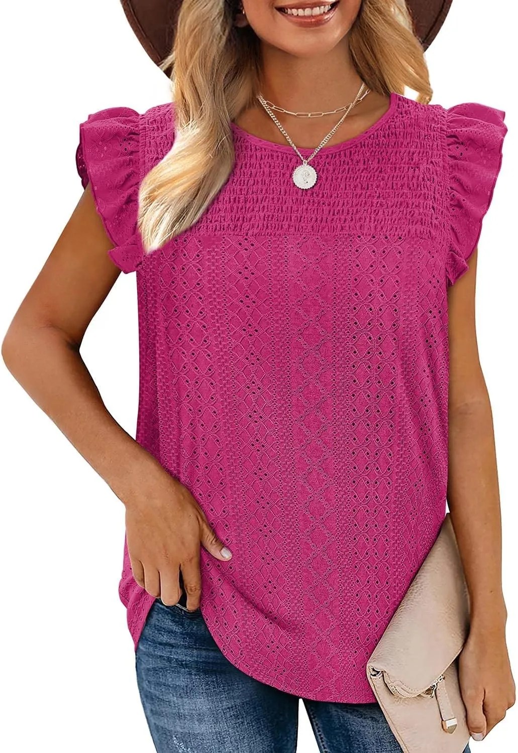 Jescakoo Summer Crewneck Tank Top for Women Ruffle Sleeve Blouses Fashion Eyelet