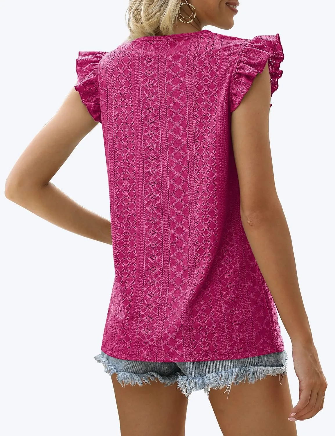 Jescakoo Summer Crewneck Tank Top for Women Ruffle Sleeve Blouses Fashion Eyelet