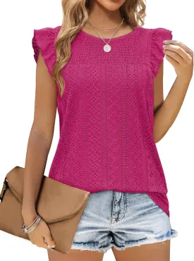 Jescakoo Summer Crewneck Tank Top for Women Ruffle Sleeve Blouses Fashion Eyelet