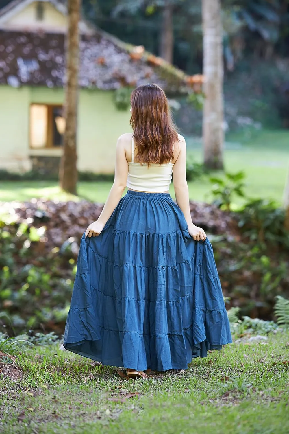 Lannaclothesdesign Women's Cotton Long Ruffle Full Circle Long Skirts Maxi Skirt