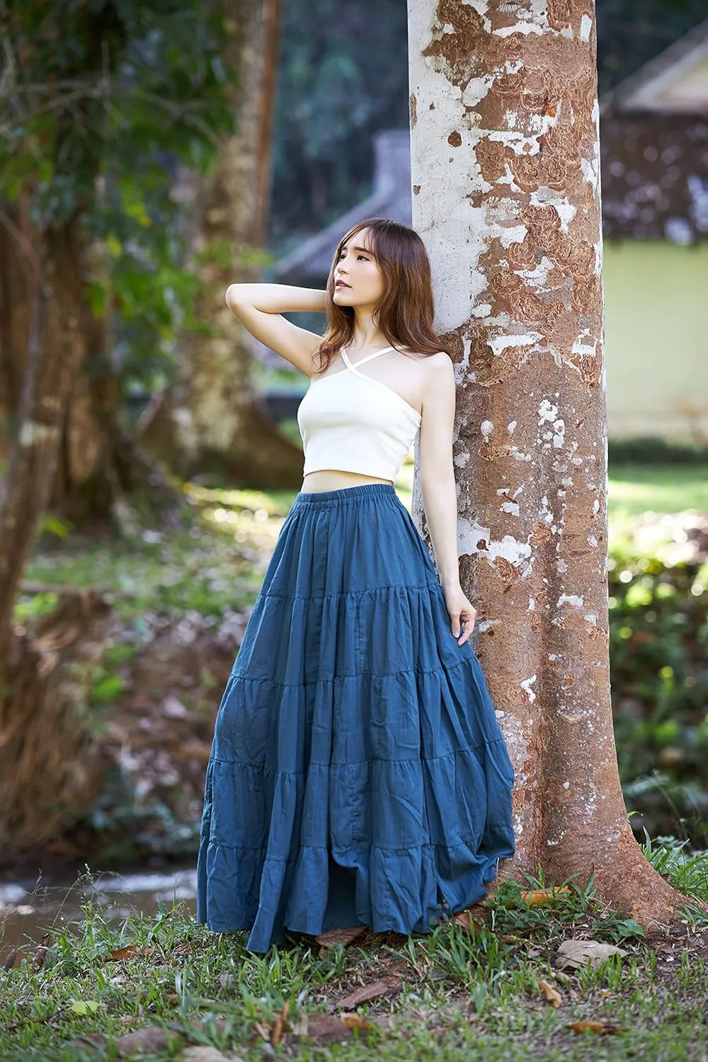Lannaclothesdesign Women's Cotton Long Ruffle Full Circle Long Skirts Maxi Skirt
