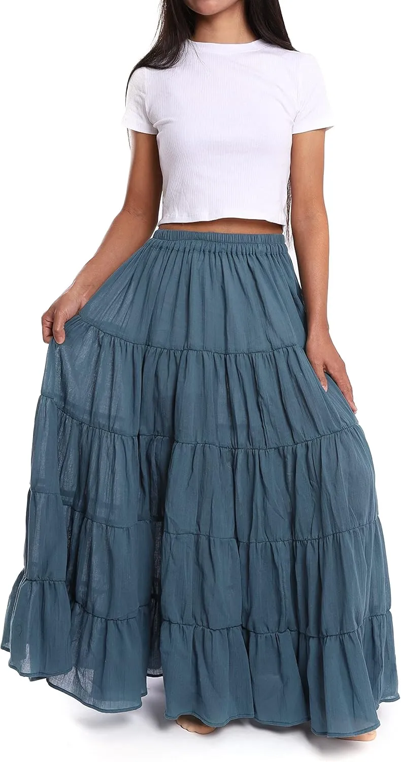 Lannaclothesdesign Women's Cotton Long Ruffle Full Circle Long Skirts Maxi Skirt