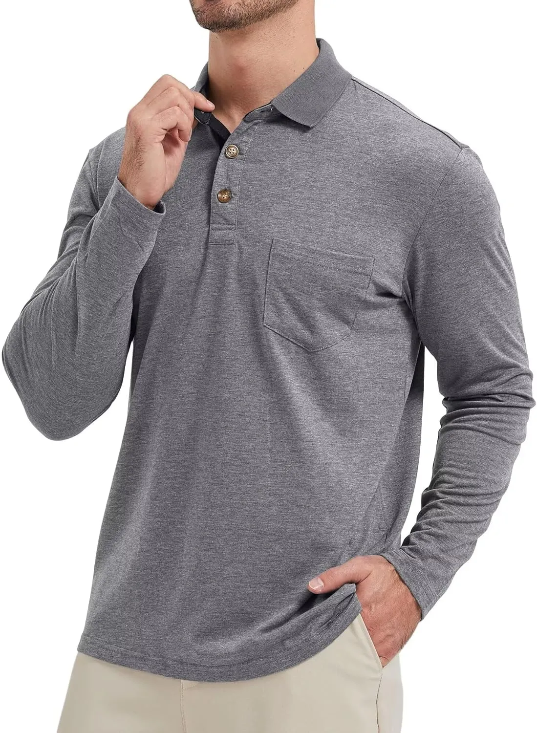 Men's Fashion Polo Shirts Casual Lightweight Long Sleeve Button Shirt with Pocket