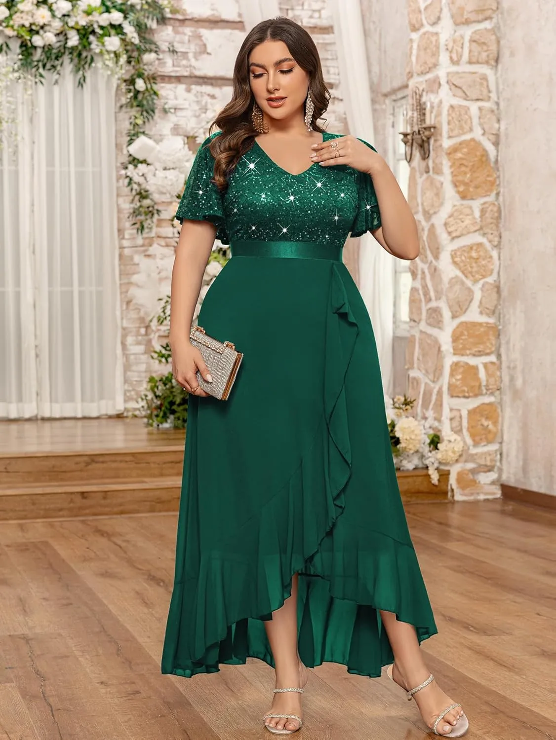 MISSMAY Women's Plus Size V Neck Sequin Lace Butterfly Sleeves Formal Evening Party Long Dress
