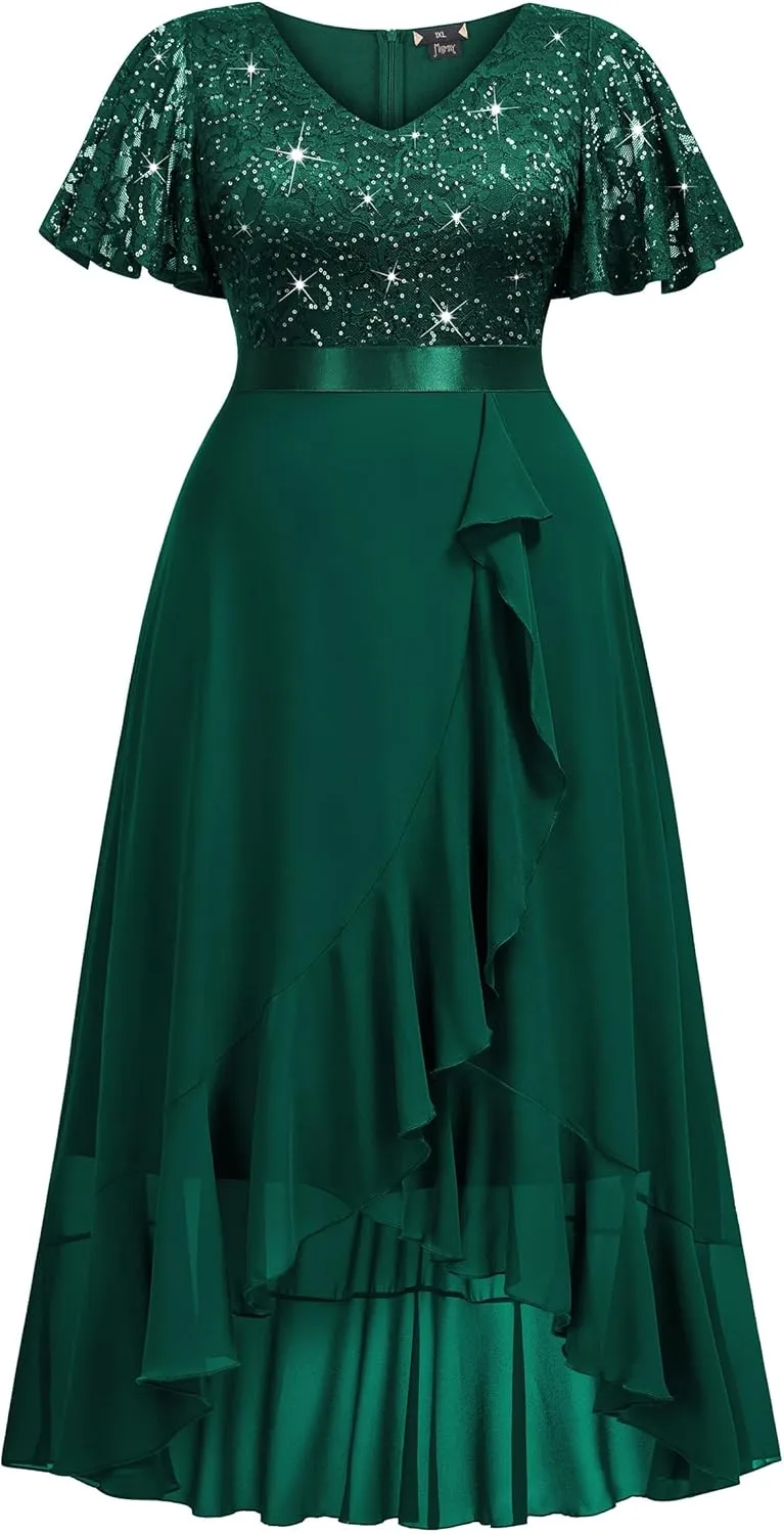 MISSMAY Women's Plus Size V Neck Sequin Lace Butterfly Sleeves Formal Evening Party Long Dress
