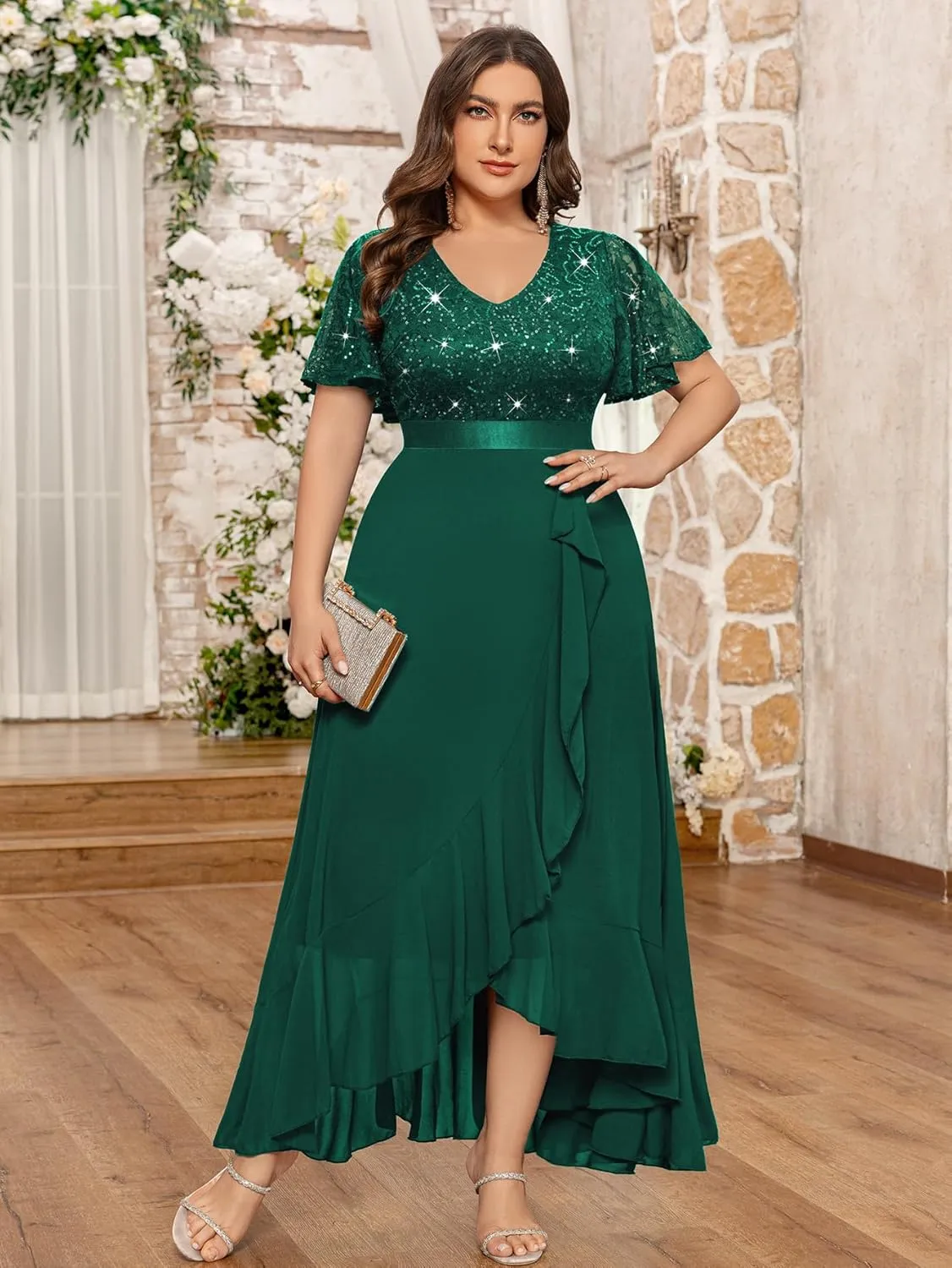 MISSMAY Women's Plus Size V Neck Sequin Lace Butterfly Sleeves Formal Evening Party Long Dress