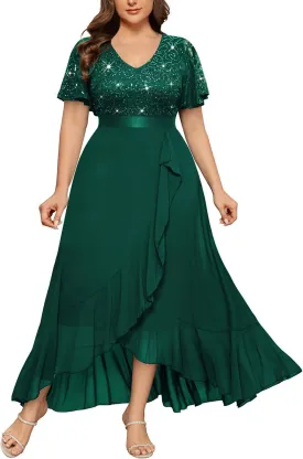 MISSMAY Women's Plus Size V Neck Sequin Lace Butterfly Sleeves Formal Evening Party Long Dress