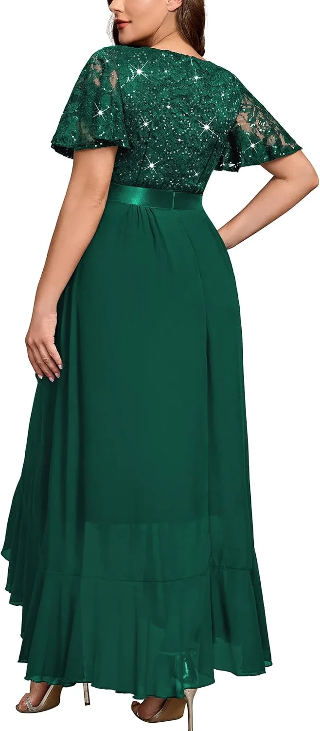 MISSMAY Women's Plus Size V Neck Sequin Lace Butterfly Sleeves Formal Evening Party Long Dress