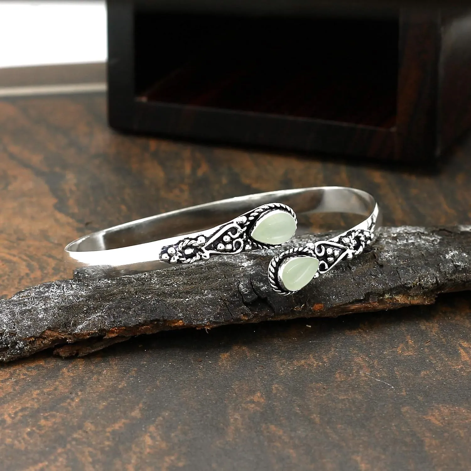 Natural Moonstone Labradorite Pearl Bangle For Women 6X9Mm Pear Shape Gemstone Silver Overlay Handmade Cuff Bangle Jewelry Women's Day Gift For Mom Wife Her
