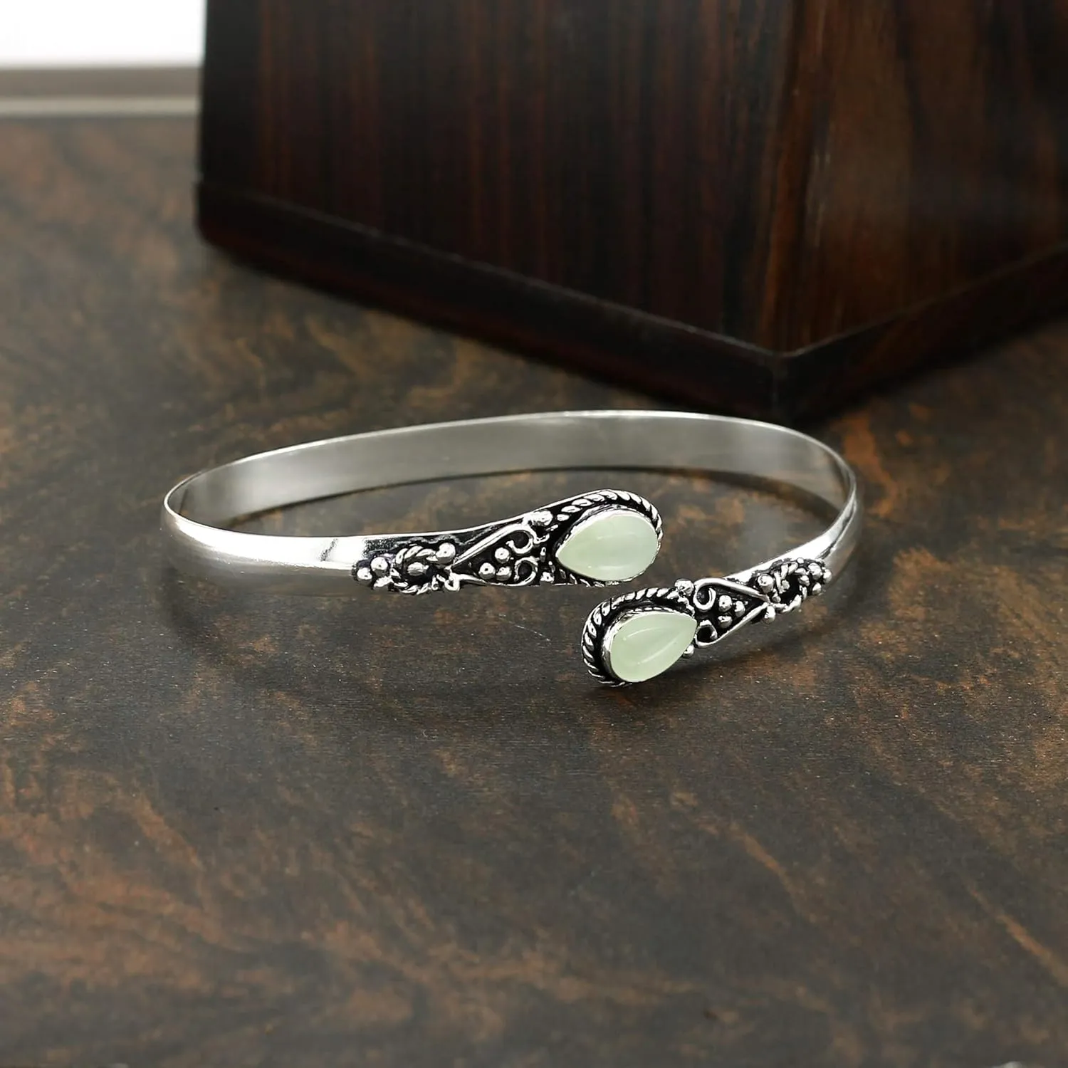 Natural Moonstone Labradorite Pearl Bangle For Women 6X9Mm Pear Shape Gemstone Silver Overlay Handmade Cuff Bangle Jewelry Women's Day Gift For Mom Wife Her