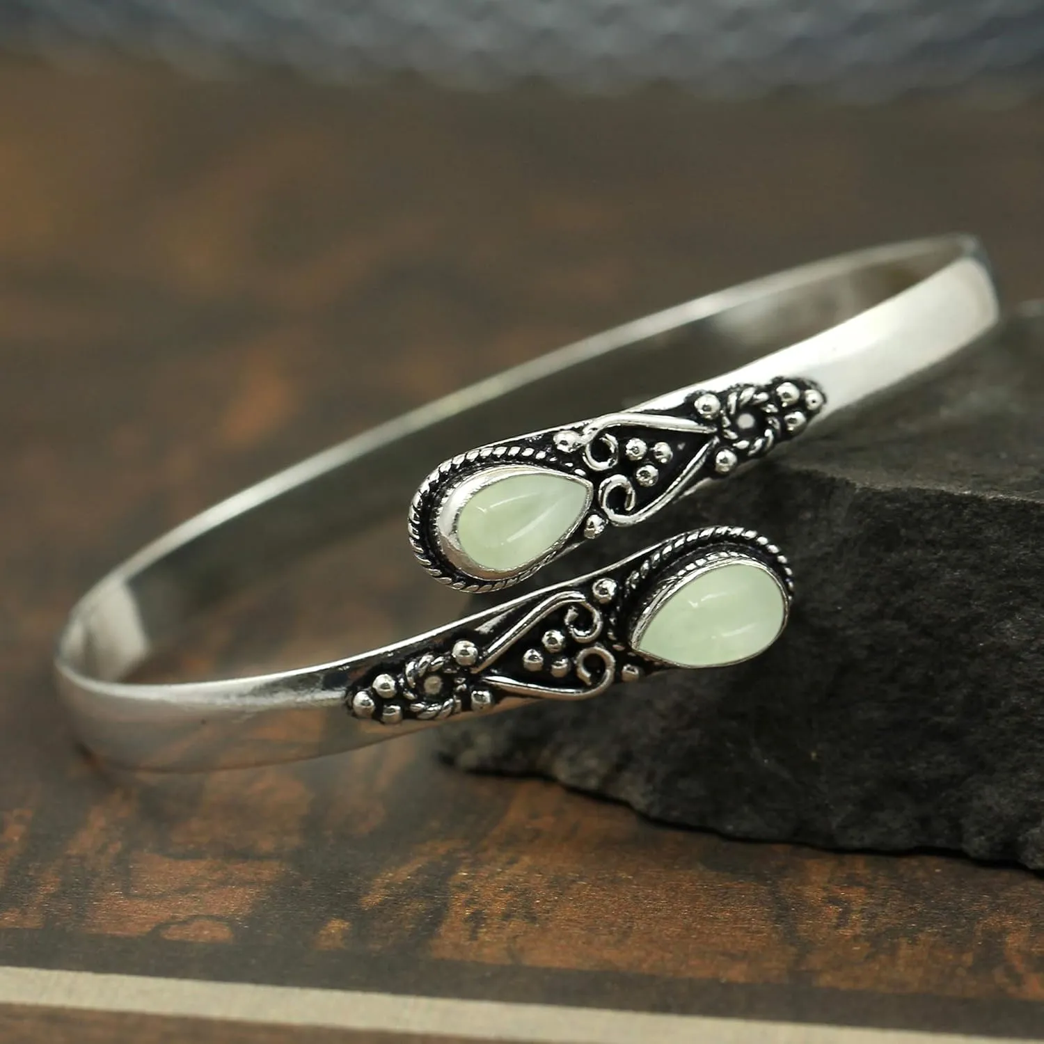 Natural Moonstone Labradorite Pearl Bangle For Women 6X9Mm Pear Shape Gemstone Silver Overlay Handmade Cuff Bangle Jewelry Women's Day Gift For Mom Wife Her