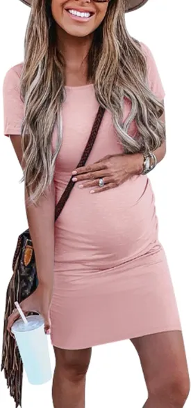 Peauty Everyday Essentials Maternity Bodycon Dress Side Ruch & Short Sleeve Dress for Baby Shower Daily (S-2XL)