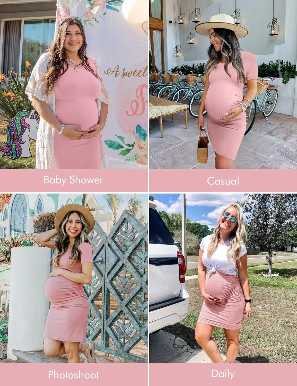 Peauty Everyday Essentials Maternity Bodycon Dress Side Ruch & Short Sleeve Dress for Baby Shower Daily (S-2XL)