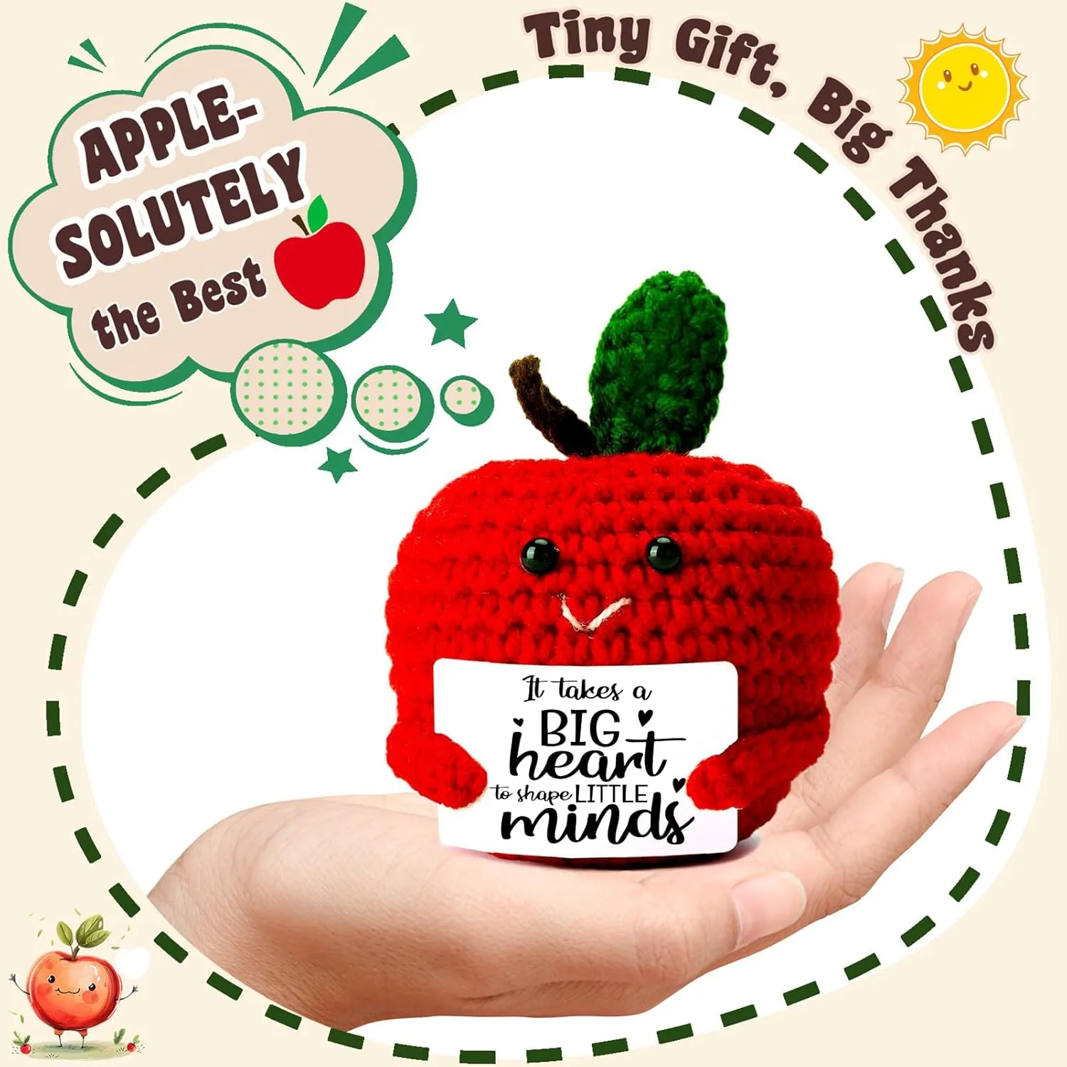 Teacher Appreciation Gifts for Women men - Crochet Apple with Big Heart Saying - Unique Thank You Gift for Teachers, Kindergarten, Preschool - End of Year, Back to School