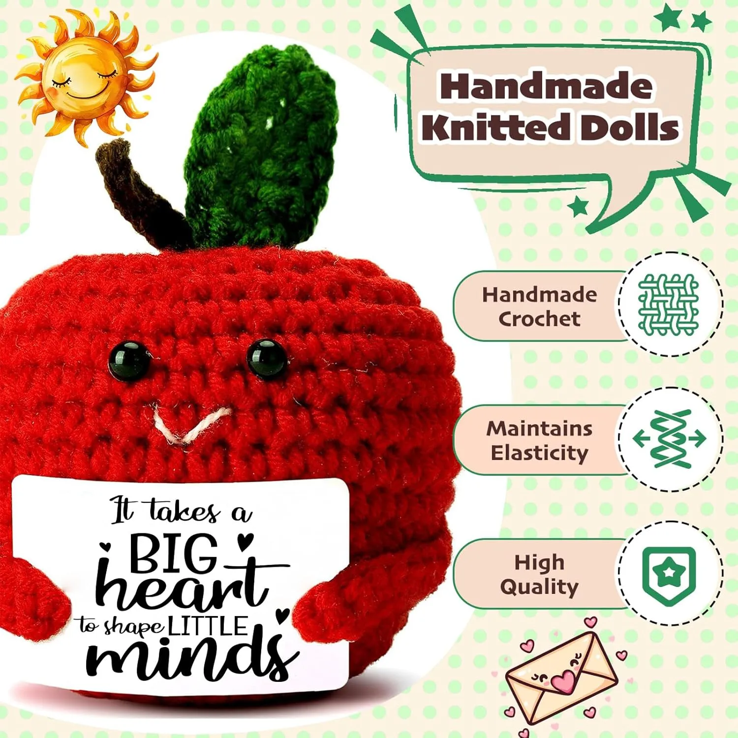 Teacher Appreciation Gifts for Women men - Crochet Apple with Big Heart Saying - Unique Thank You Gift for Teachers, Kindergarten, Preschool - End of Year, Back to School