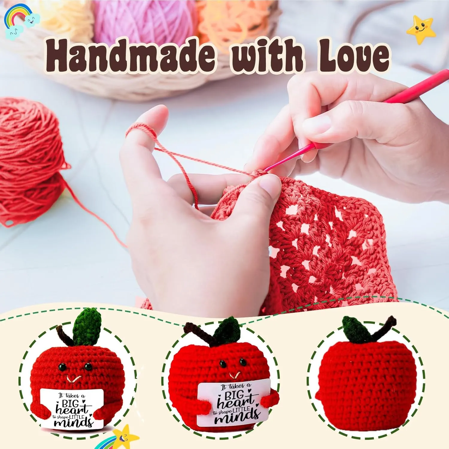 Teacher Appreciation Gifts for Women men - Crochet Apple with Big Heart Saying - Unique Thank You Gift for Teachers, Kindergarten, Preschool - End of Year, Back to School