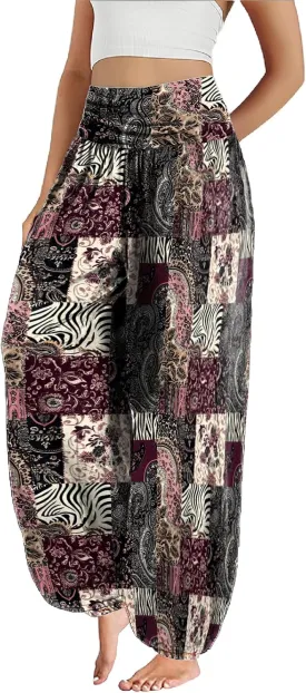 Trendy Boho Harem Pants Women Casual High Smocked Waist Yoga Pants Plus Size Loose Daily Lightweight Joggers