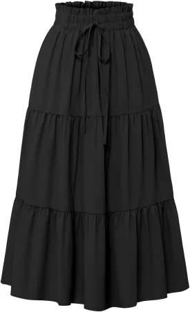 Women's Boho Floral Tiered Midi Skirt Elastic Waisted Pleated A-line Casual Summer Long Skirt